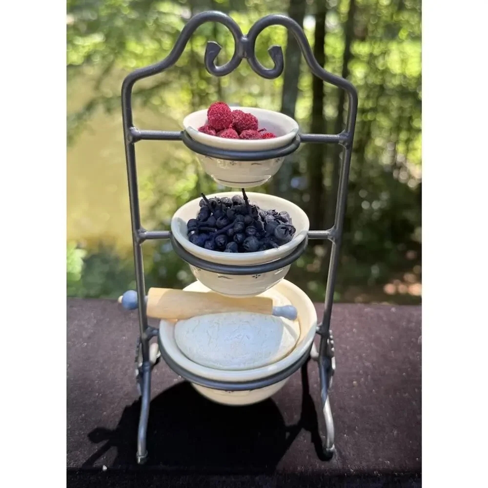 Longaberger Pottery Miniature Mixing Bowls Berries Dough Wrought Iron Stand Mint